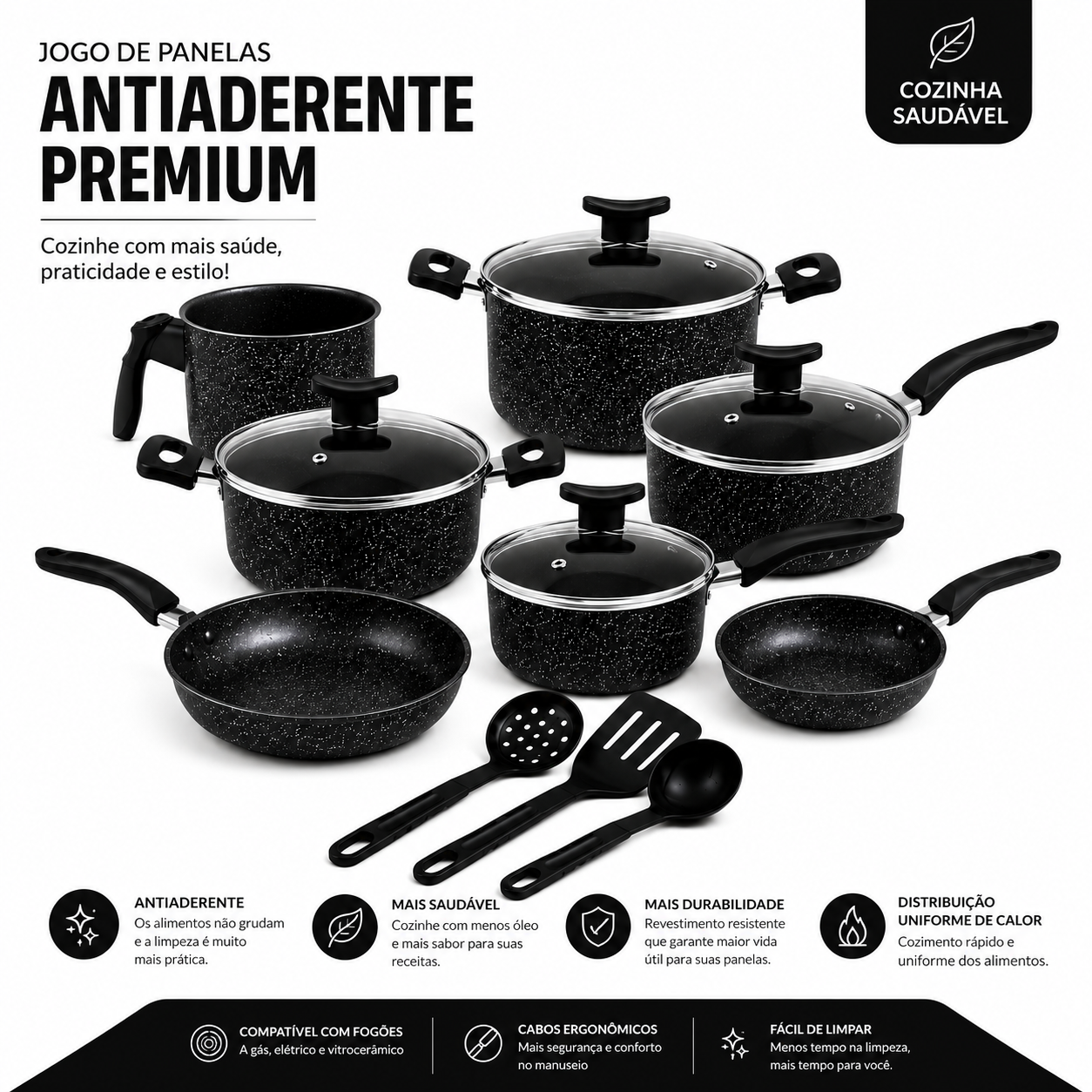 Jogo de Panelas 10 Peças Teflon Atenas Preto